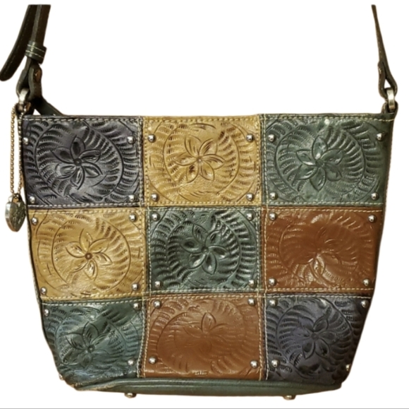 American West Carved Leather and‎ Studded Patchwork Floral Crossbody Purse - Picture 1 of 16